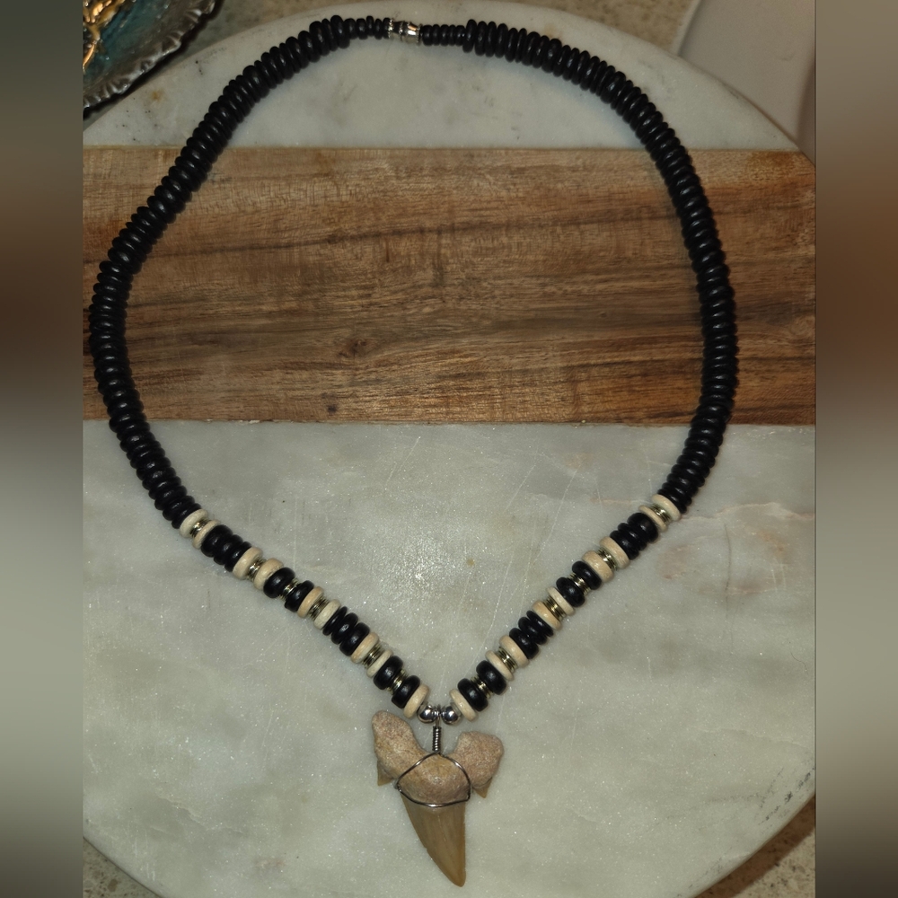 (Sold)) Black and Cream Wood Beaded Necklace with Real Shark Pendant